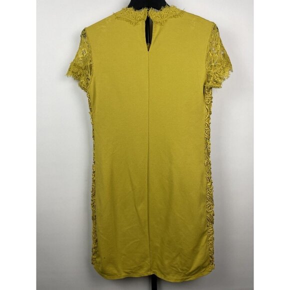 Zara Women Mustard Yellow Green Rope Floral Lace Short Sleeve Shift Dress Size S - Picture 5 of 7
